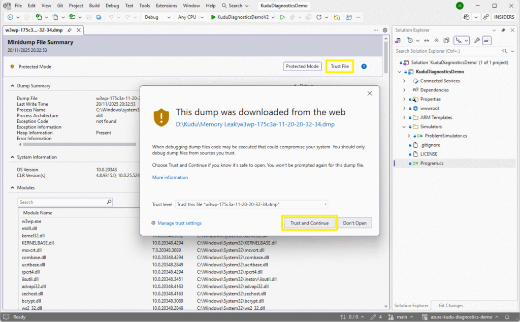 Visual Studio showing a security prompt when opening a downloaded memory dump, with the Trust and Continue button highlighted to allow full analysis of the file.