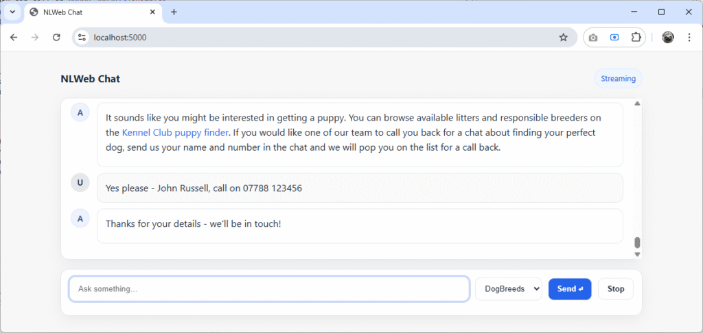 NLWeb Chat showing contact_user tool submitting a user’s name and phone number after dog purchase intent detection.