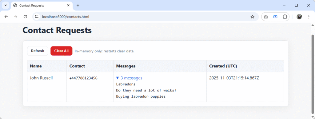 Contact Requests page in the .NET app showing a submitted lead from the NLWeb contact_user tool with name, contact number, messages, and timestamp.
