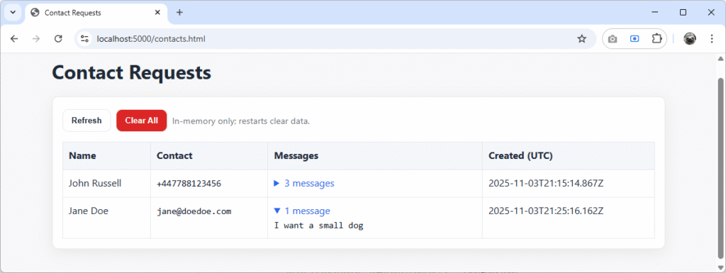 Contact Requests page in the .NET app showing multiple leads captured from NLWeb, including entries for John Russell and Jane Doe with contact details and message history.