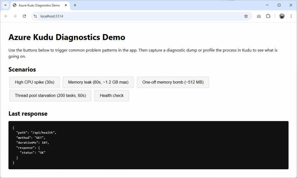 Homepage of the Azure Kudu Diagnostics Demo showing buttons to trigger CPU spikes, memory leaks, memory bombs and thread pool starvation, with a JSON health check response displayed below.