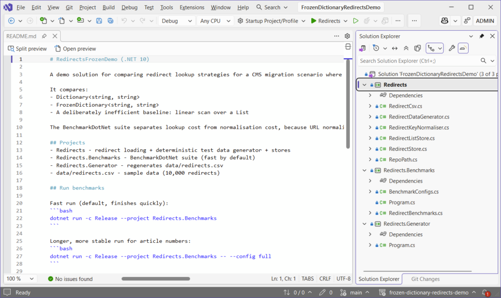 Visual Studio IDE showing a .NET solution for benchmarking redirect lookup strategies using Dictionary and FrozenDictionary.