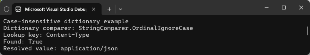 C# Dictionary case-insensitive lookup using StringComparer.OrdinalIgnoreCase resolving Content-Type header key.