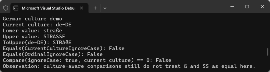 German culture string comparison example in C# showing ß vs SS behaviour with CurrentCultureIgnoreCase and OrdinalIgnoreCase.