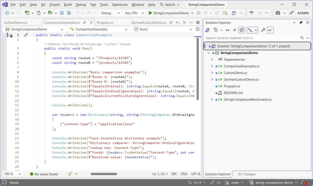 C# string comparison demo code in Visual Studio showing OrdinalIgnoreCase and Dictionary with StringComparer.OrdinalIgnoreCase.