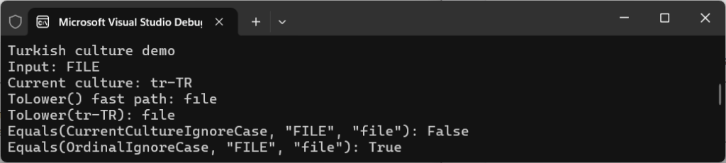 Turkish culture string comparison example in C# showing CurrentCultureIgnoreCase vs OrdinalIgnoreCase results.