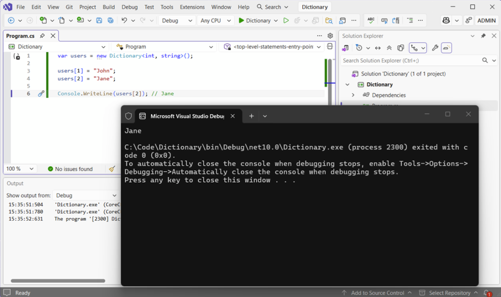Visual Studio displaying a C# Dictionary example with key-value pairs for users and console output showing the value "Jane" retrieved by key.