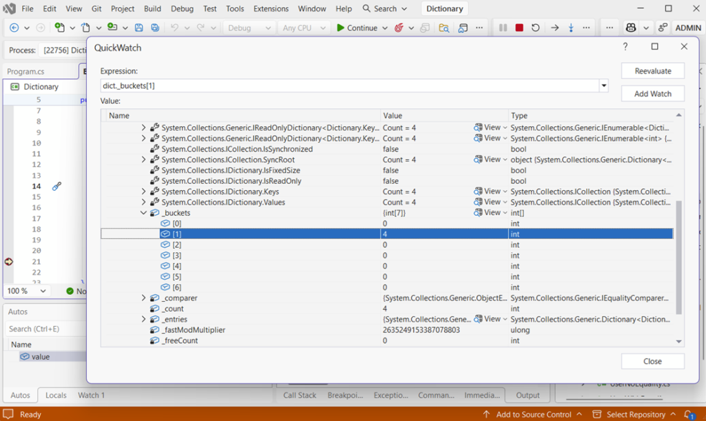 Visual Studio QuickWatch window inspecting internal Dictionary bucket values during C# debugging, showing bucket indexes and stored integer values.