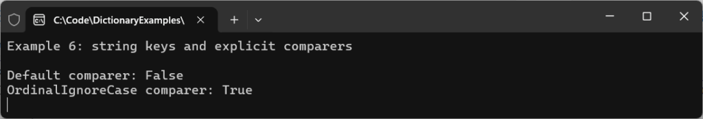 Console output from a C# Dictionary example comparing default string key matching with a case-insensitive StringComparer.OrdinalIgnoreCase comparer.